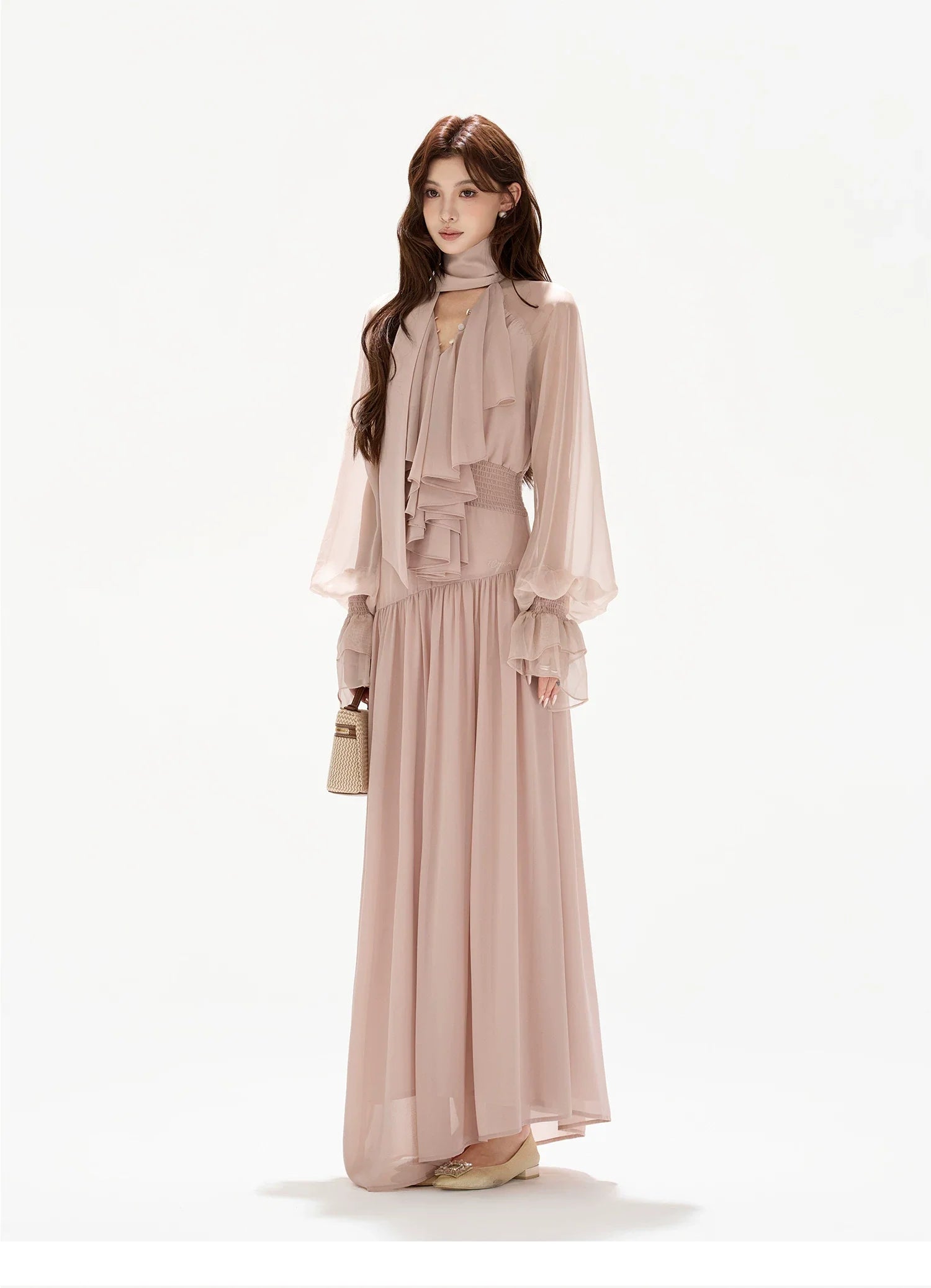 V-Neck Lantern Sleeve Maxi Dress