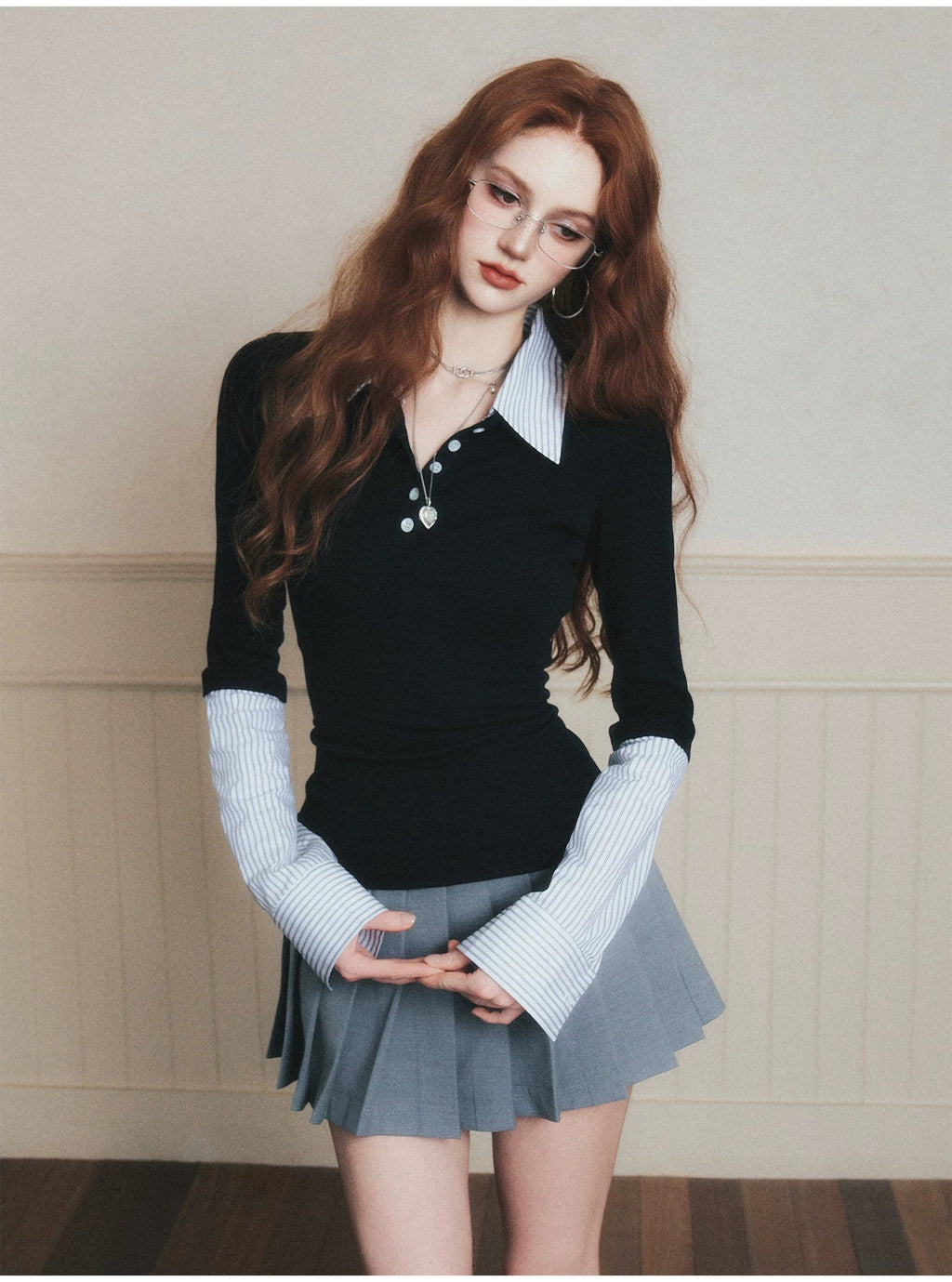 Layered-Style Collar Knit Polo