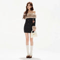 Off-Shoulder Fur-Trim Knit Mini Dress