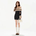Off-Shoulder Fur-Trim Knit Mini Dress