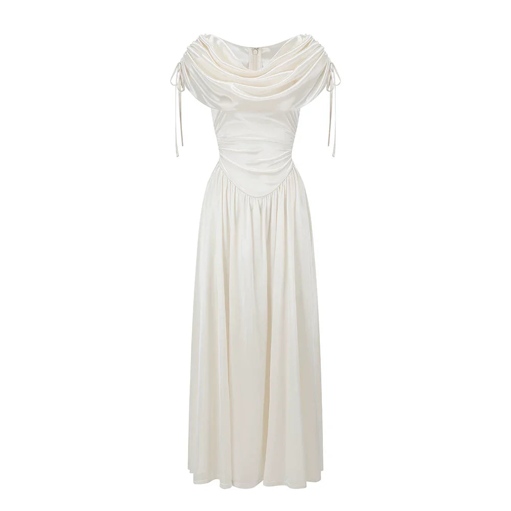 White French Court-Style Draped-Neck Dress