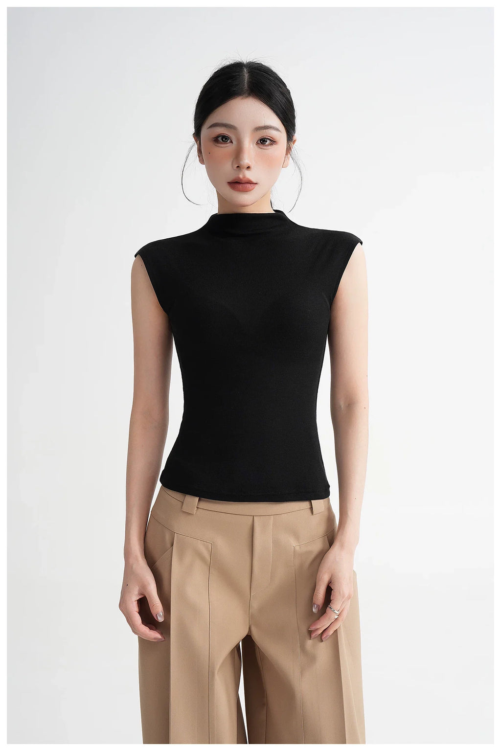 Silk Lyocell High-Neck Sleeveless Fitted T-Shirt