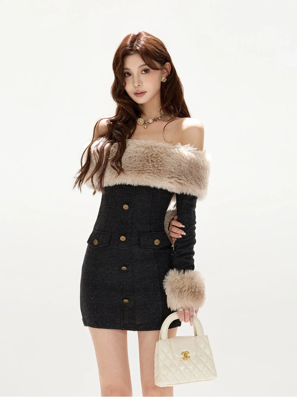 Off-Shoulder Fur-Trim Knit Mini Dress