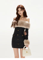 Off-Shoulder Fur-Trim Knit Mini Dress