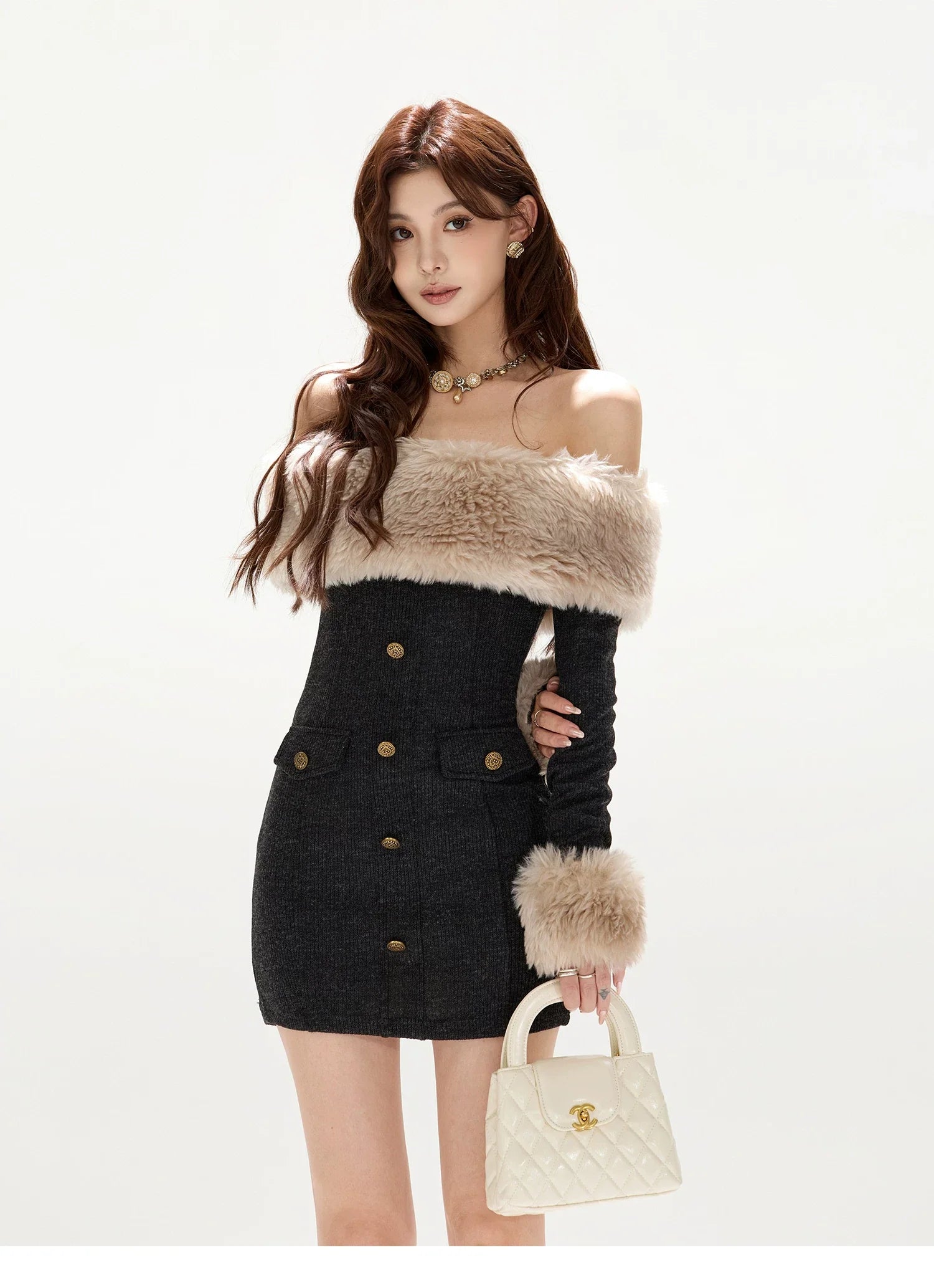 Off-Shoulder Fur-Trim Knit Mini Dress