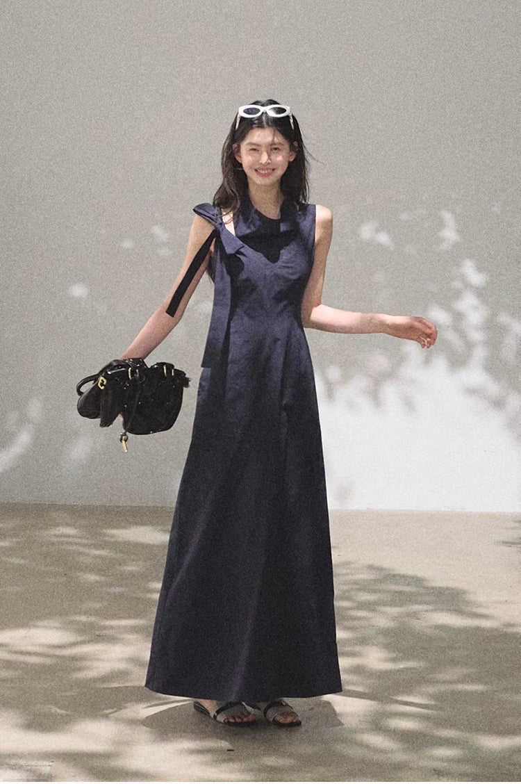 Halterneck Cotton Cinched-Waist Maxi Dress