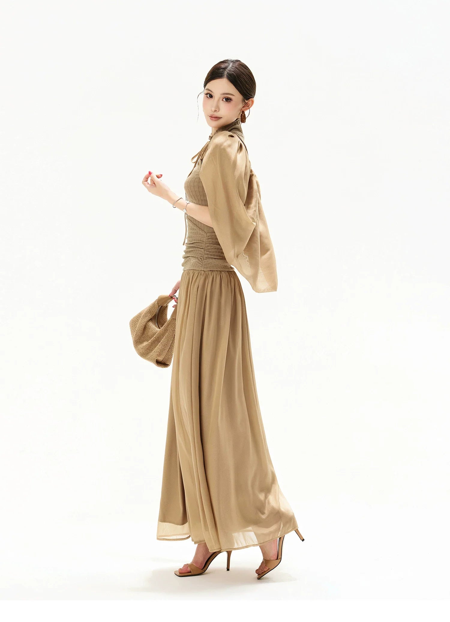 French Court Halter Draped Knit Maxi Dress