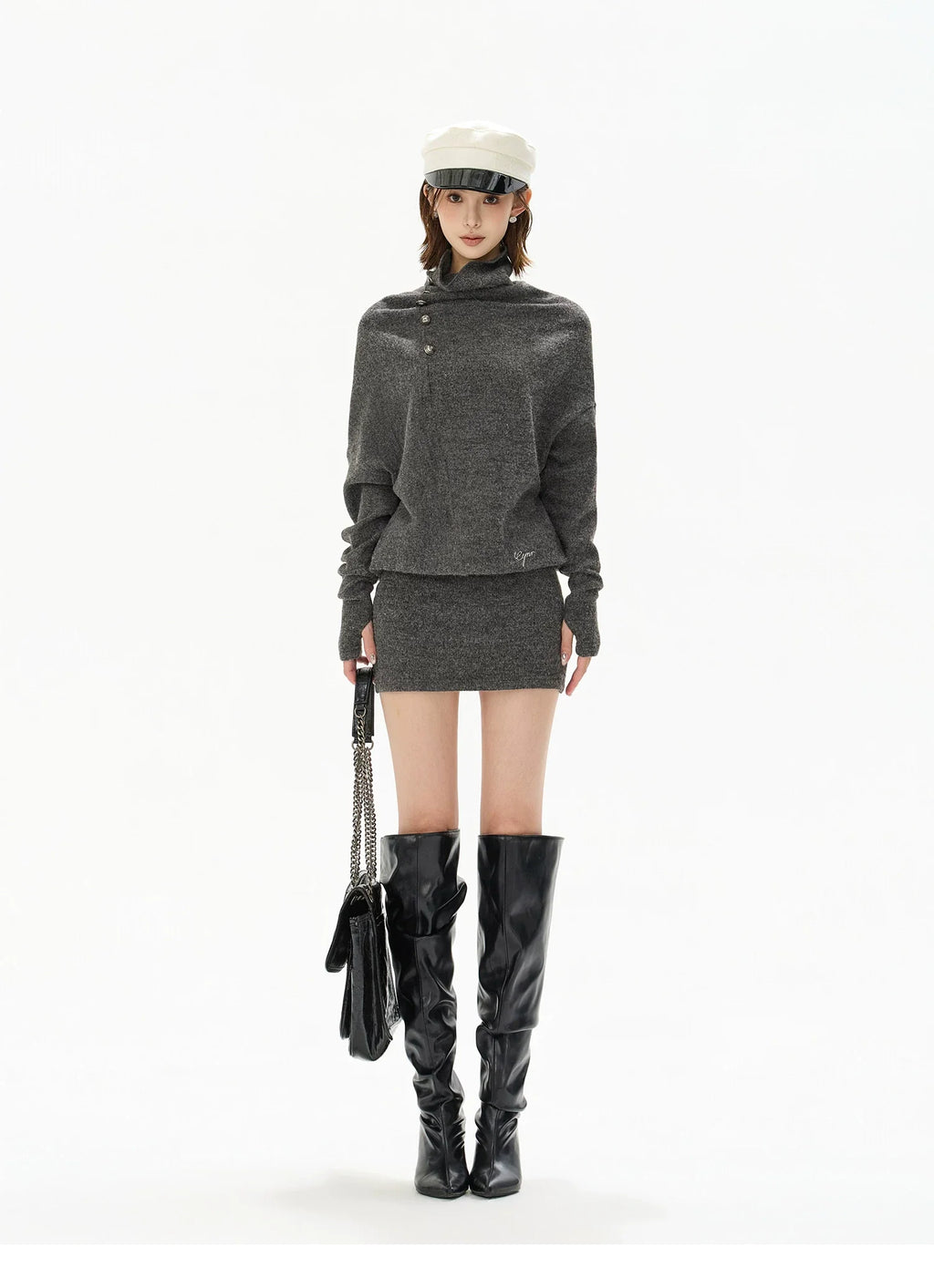 Cowl-Neck Wool Knit Mini Dress