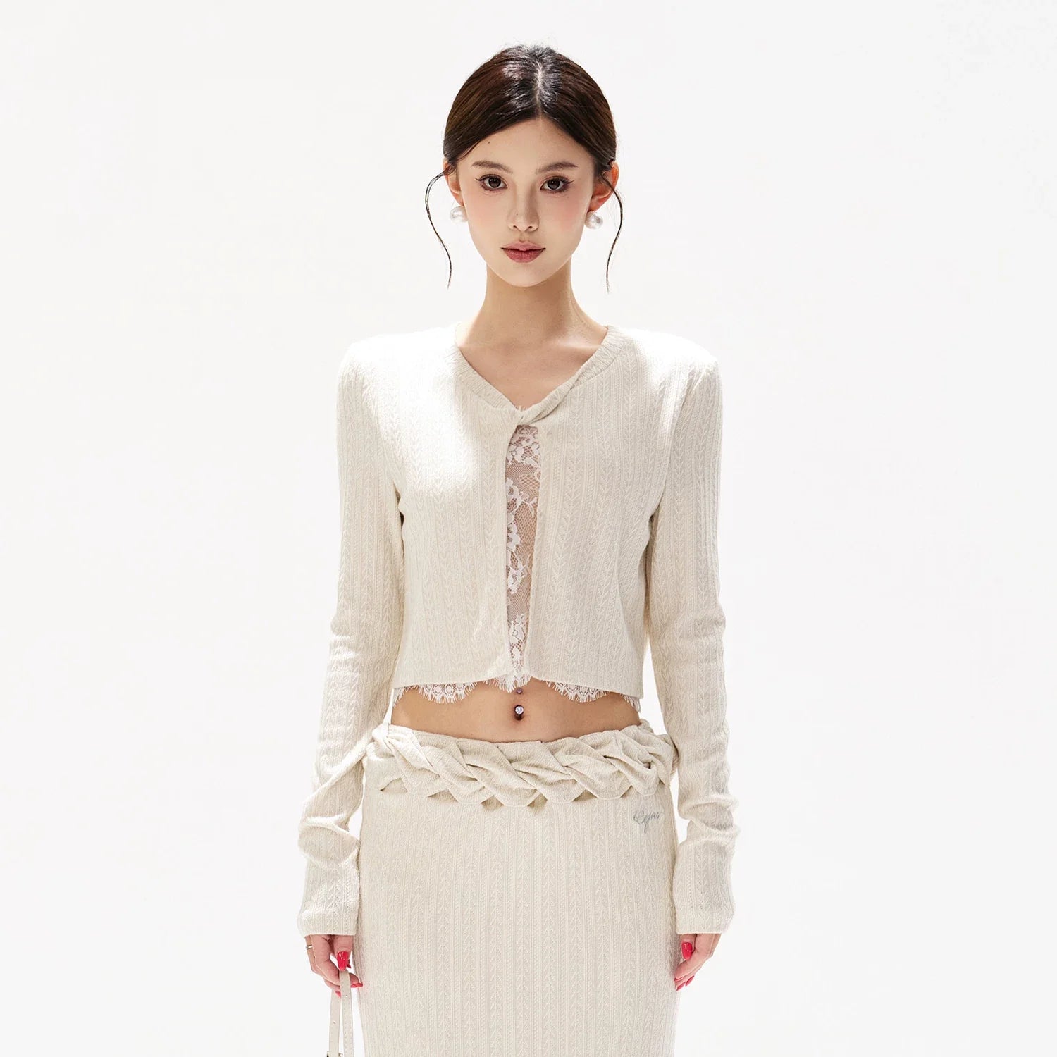 Apricot Lace Panel Knit Two-Piece Set