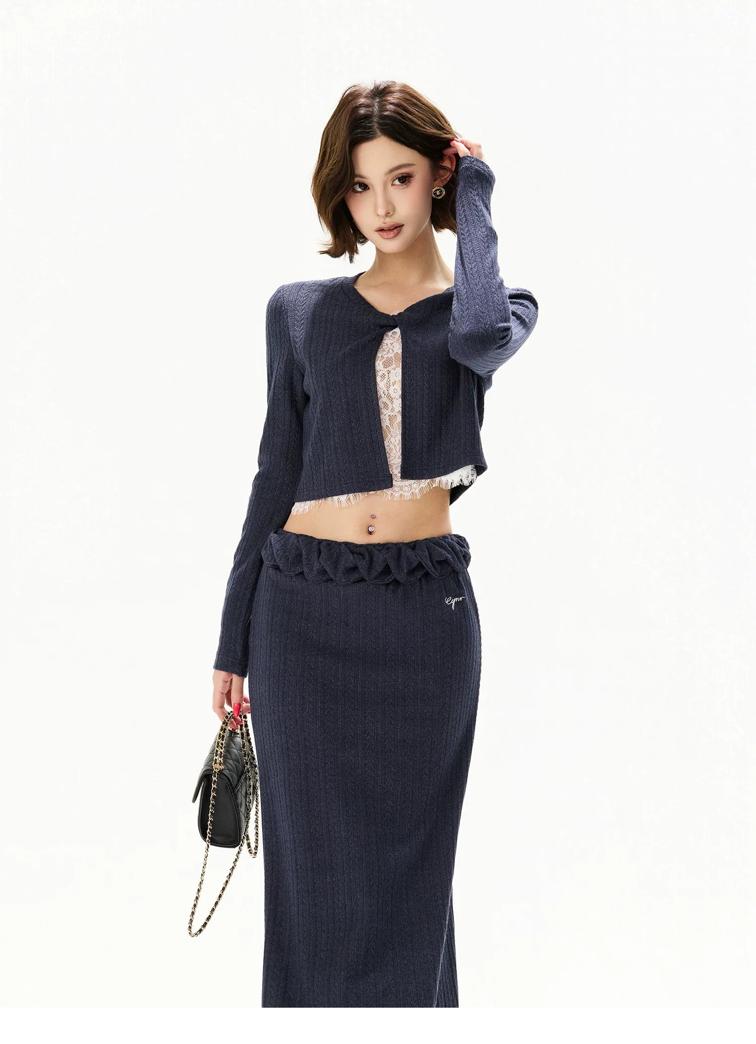 Navy Lace Panel Two-Piece Knit Set
