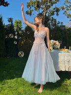 Blue Lily Strapless Corset Top & Mesh Skirt Set