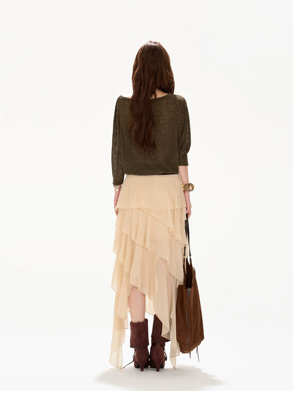 Faux-Belt Tiered Chiffon Maxi Skirt