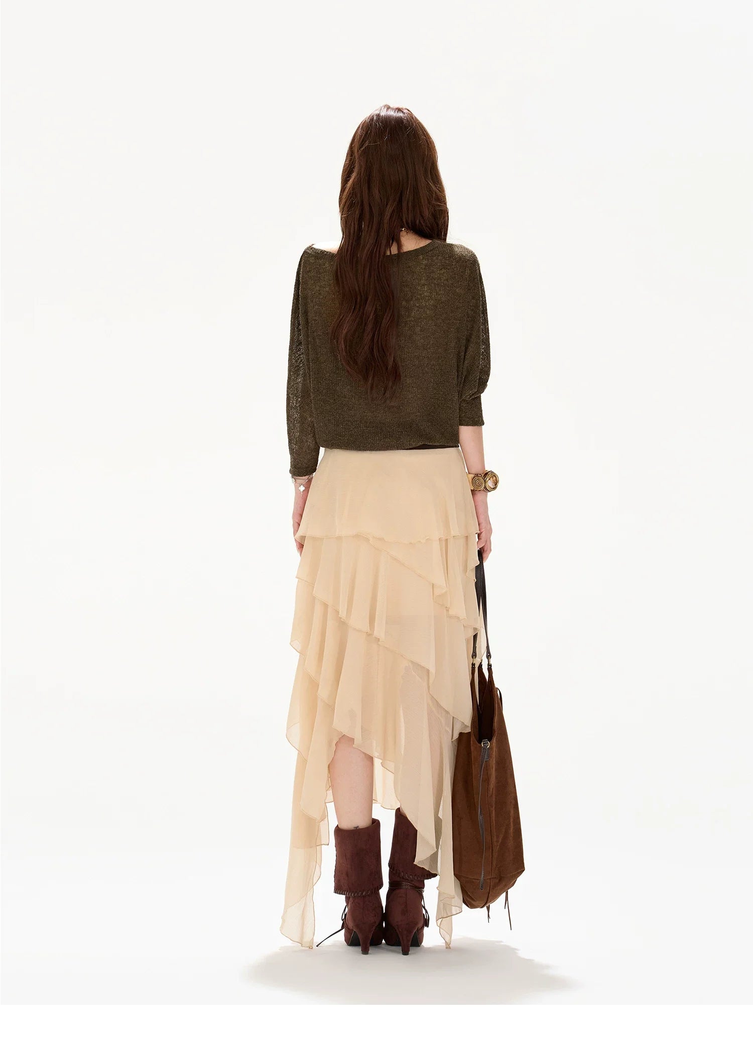 Faux-Belt Tiered Chiffon Maxi Skirt