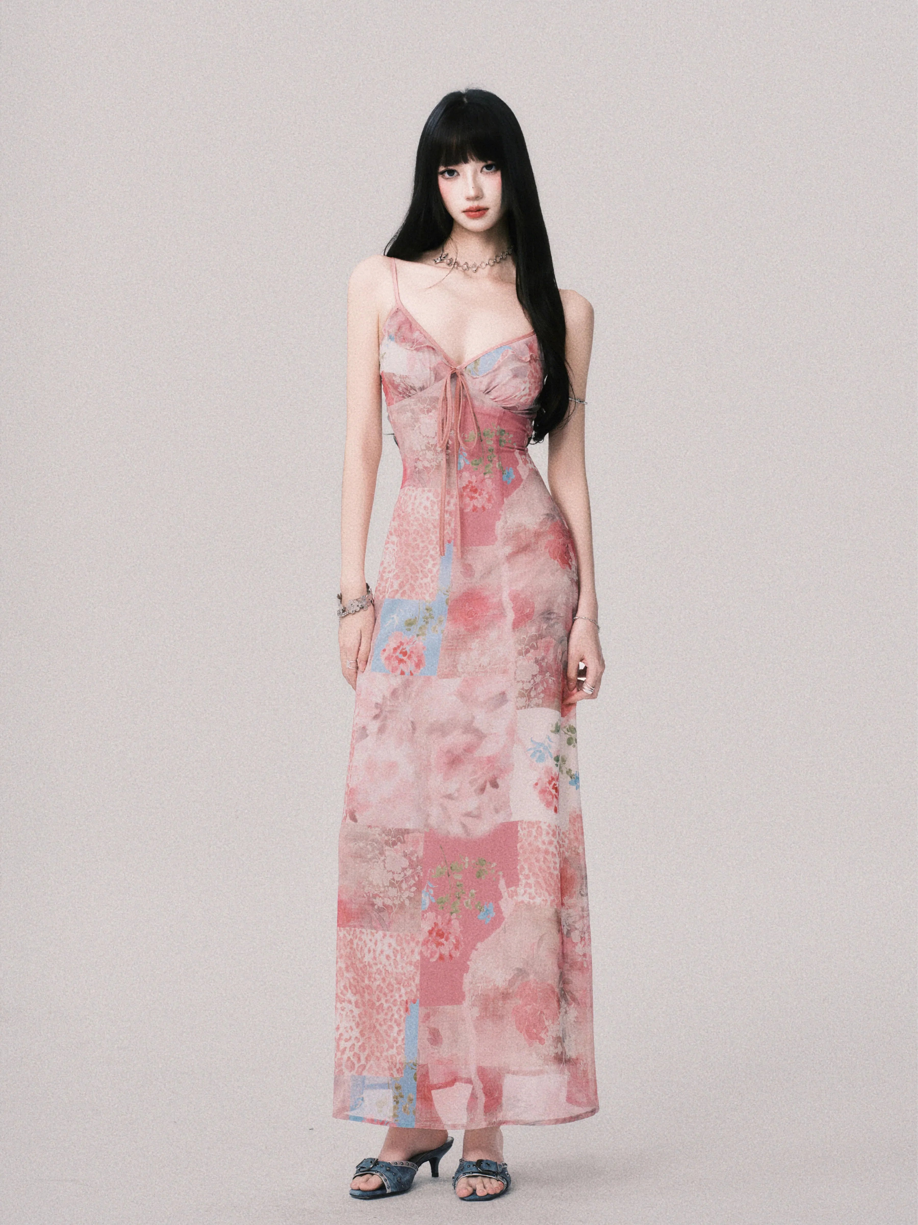 Floral V-Neck Spliced Print Slip Dress