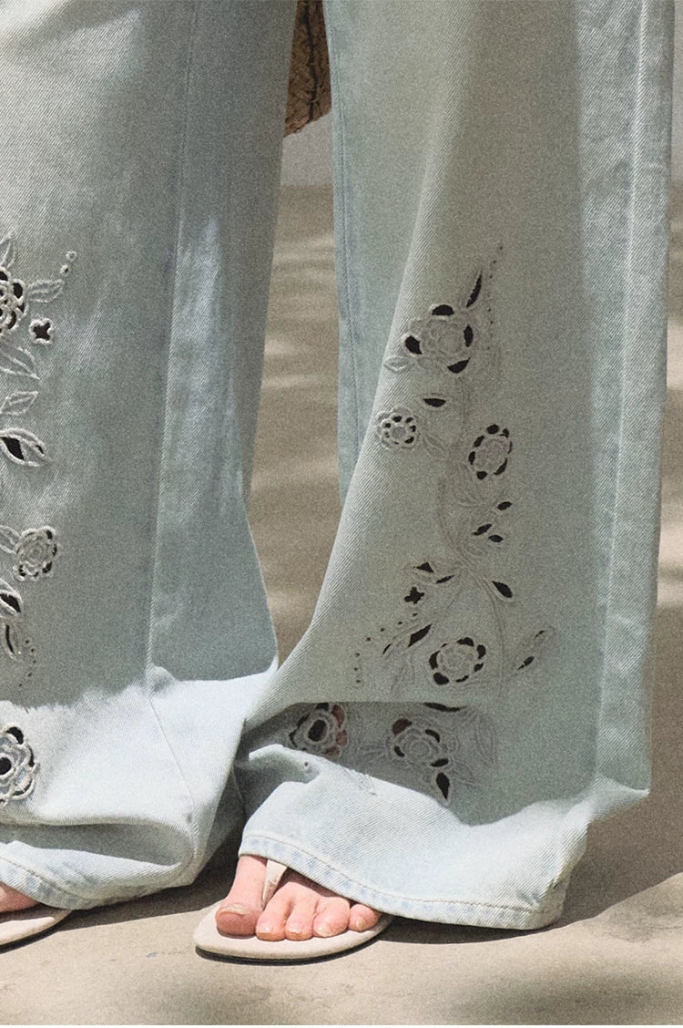Bohemian Cut-Out Embroidered Wide-Leg Denim Trousers