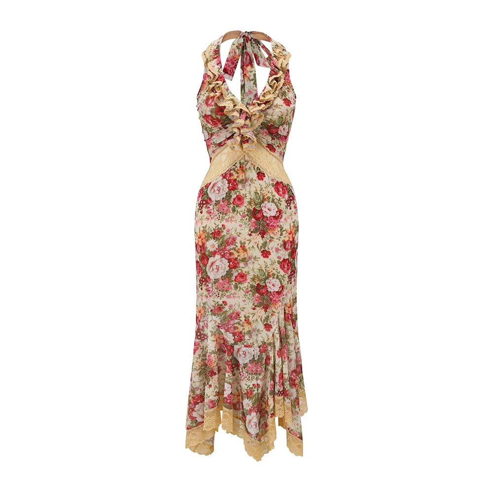 Flamenco Halter Mermaid Mesh Dress