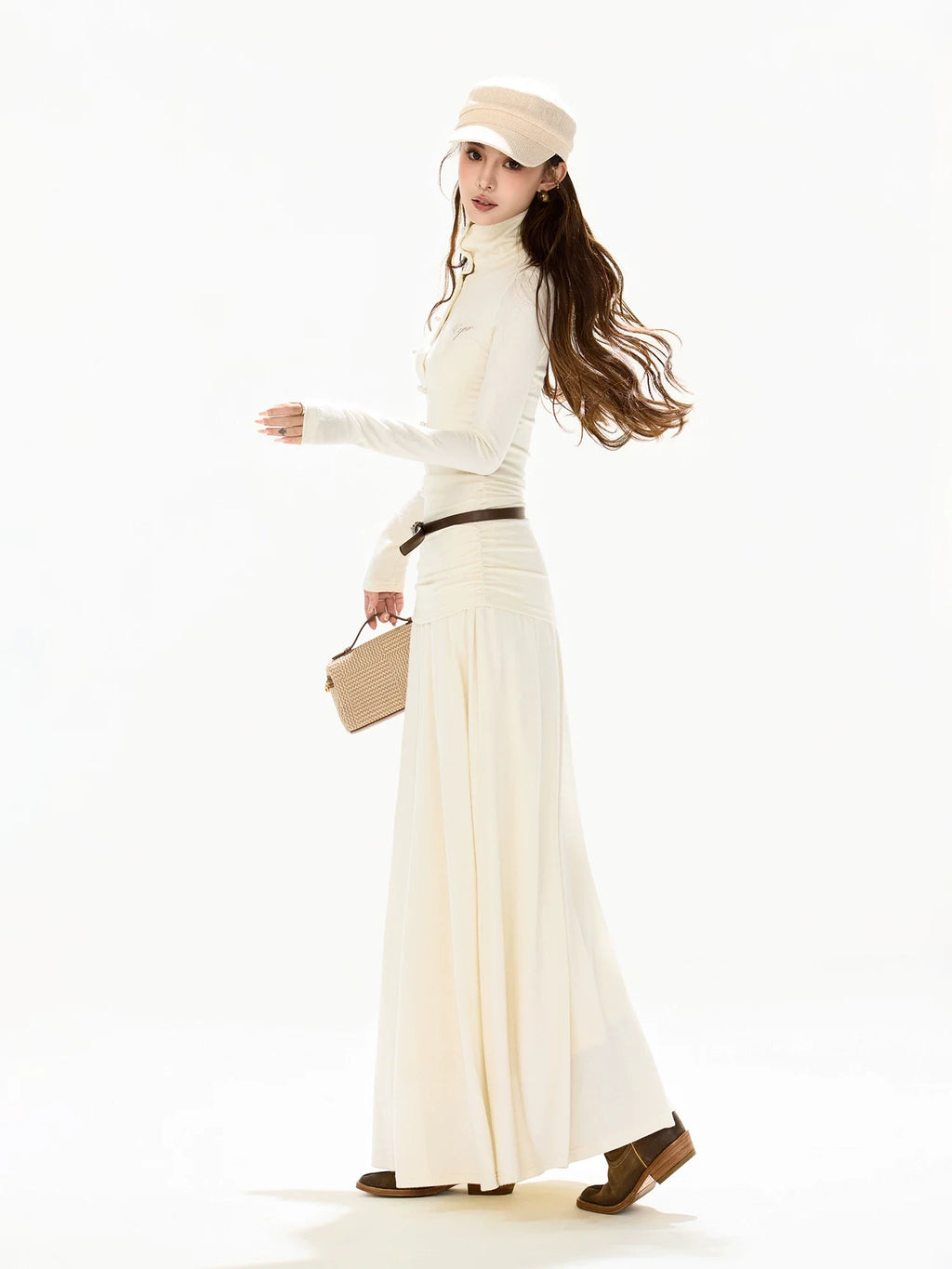 Elegant High-Neck Wool Knit Maxi Dress