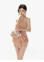 Vintage Heiress Halterneck Mesh Chiffon Ruched Bodycon Mini Dress