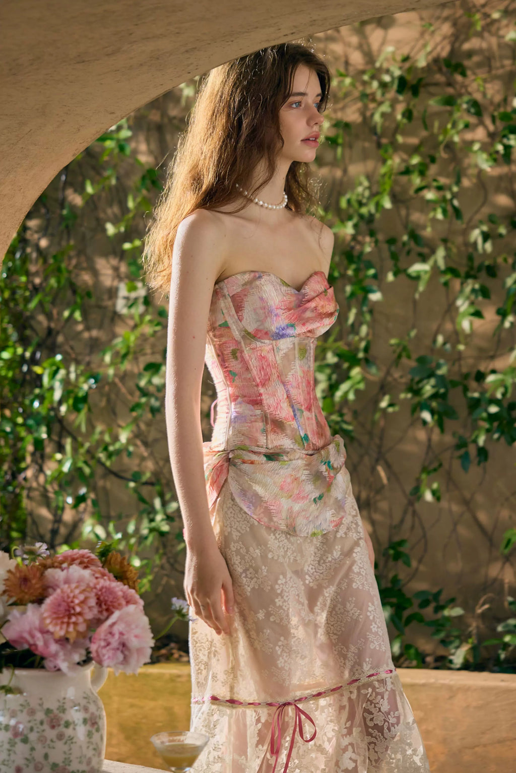 Romantic Oil-Paint Lace Corset Top & Skirt Set