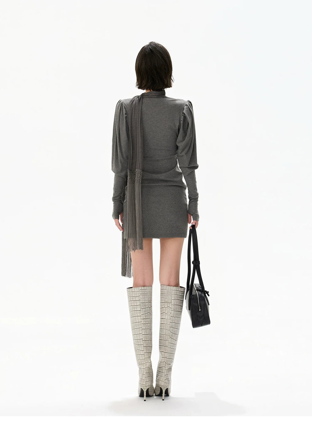 Minimalist Draped Turtleneck Knit Mini Dress with Tassel Ties