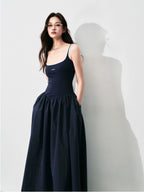 Contrast-Trim Backless Slip Maxi Dress