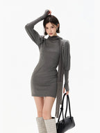 Minimalist Draped Turtleneck Knit Mini Dress with Tassel Ties