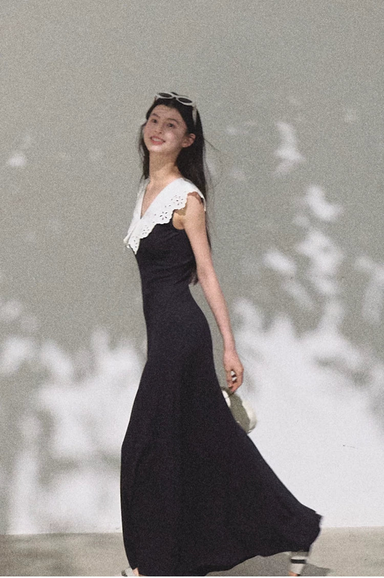 Shifting Tree Shadow Cotton Backless Waist-Cinched Vacation Dress