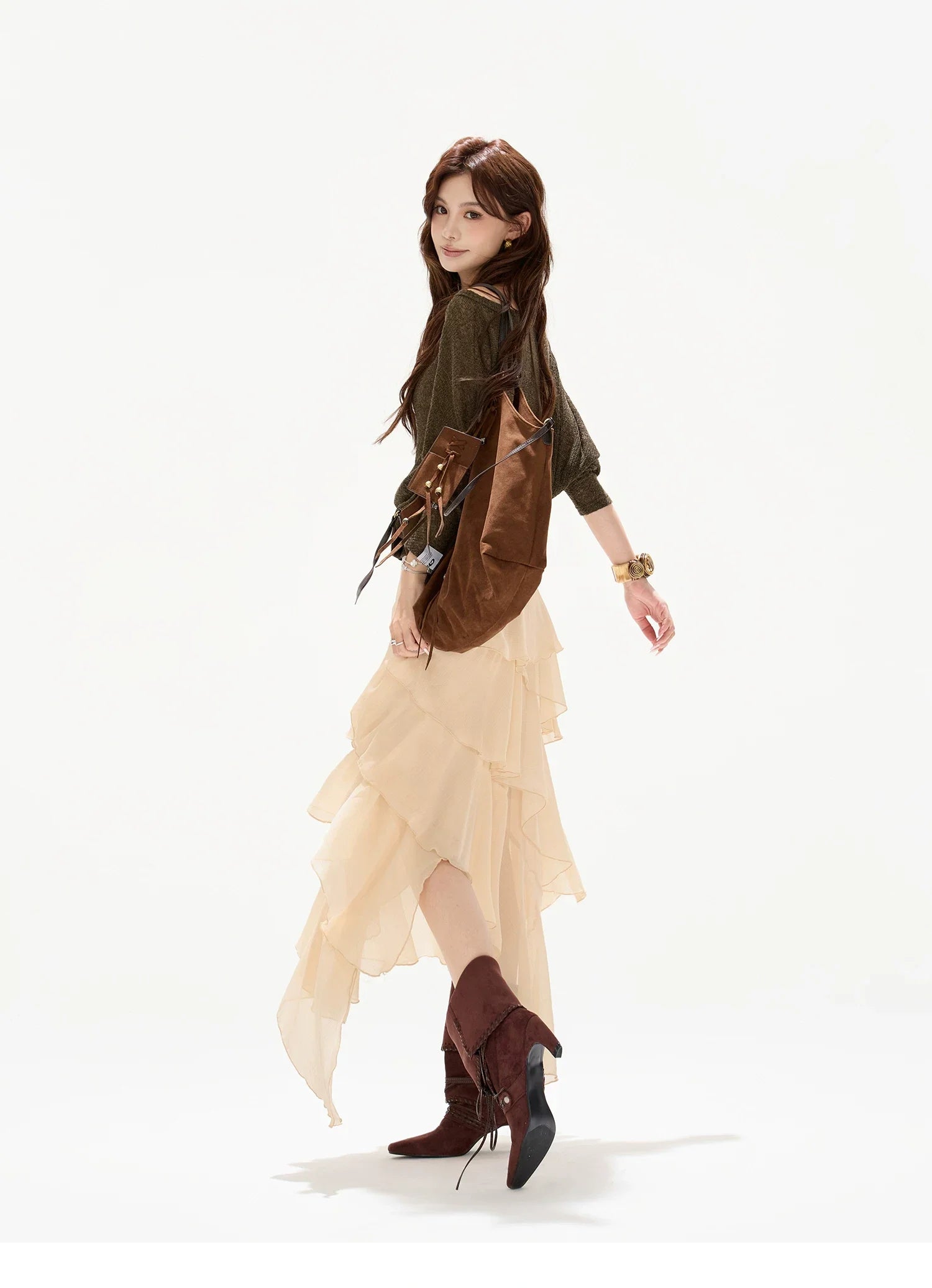 Faux-Belt Tiered Chiffon Maxi Skirt