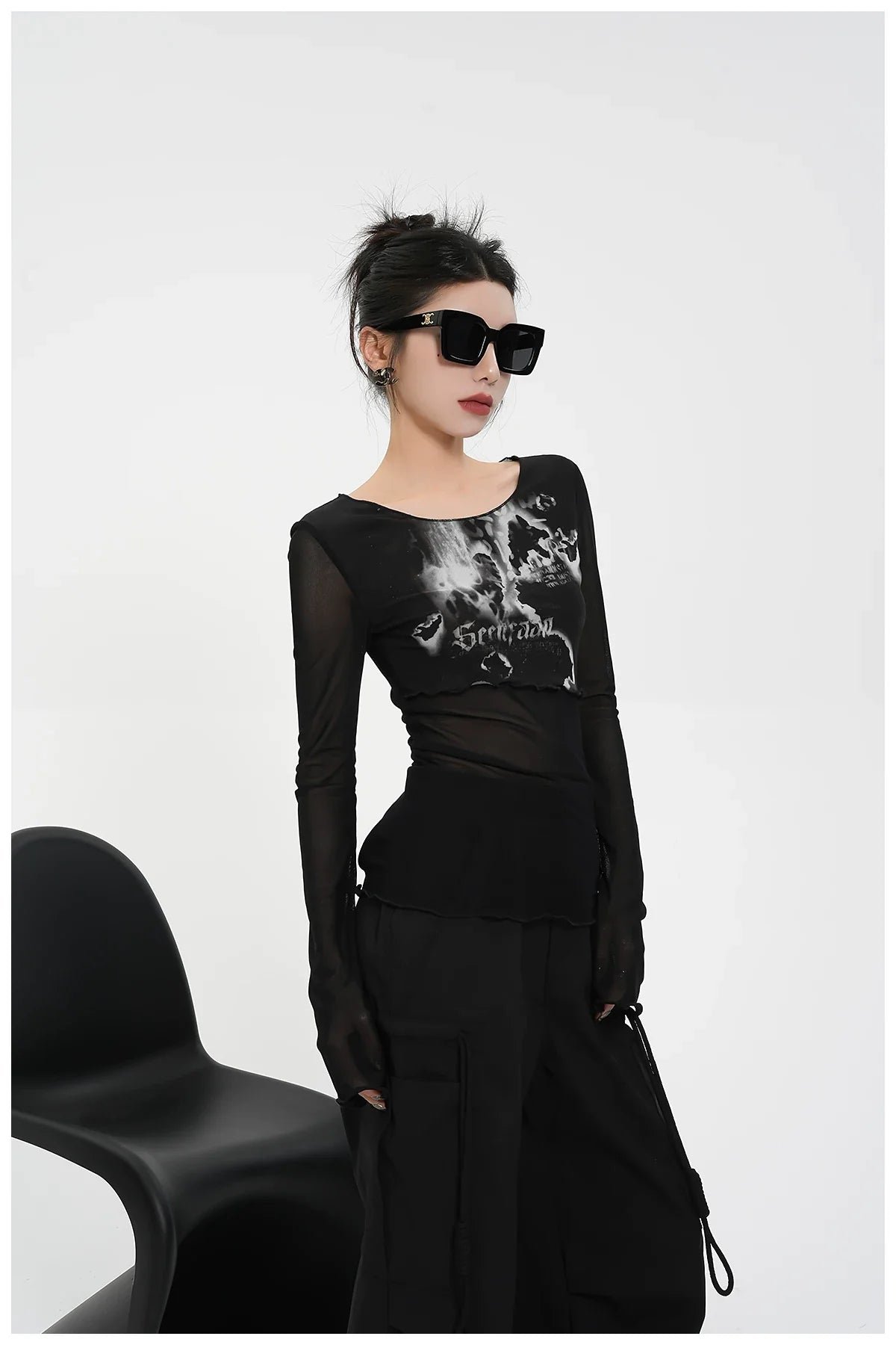 Street-Style Printed Mesh Long-Sleeve T-Shirt
