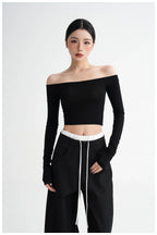 Off-Shoulder Cropped Fitted Long Sleeve T-Shirt