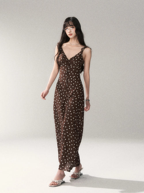 Chocolate Polka Dot French Slim-Fit Slip Maxi Dress