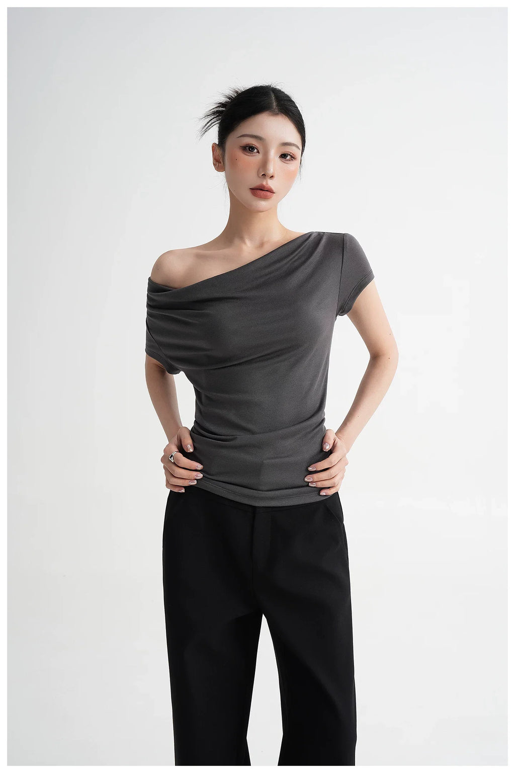 Draped Off-Shoulder Fitted Short Sleeve T-Shirt