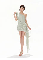 Asymmetric One-Shoulder Floral Chiffon Mini Dress with Draped Ties