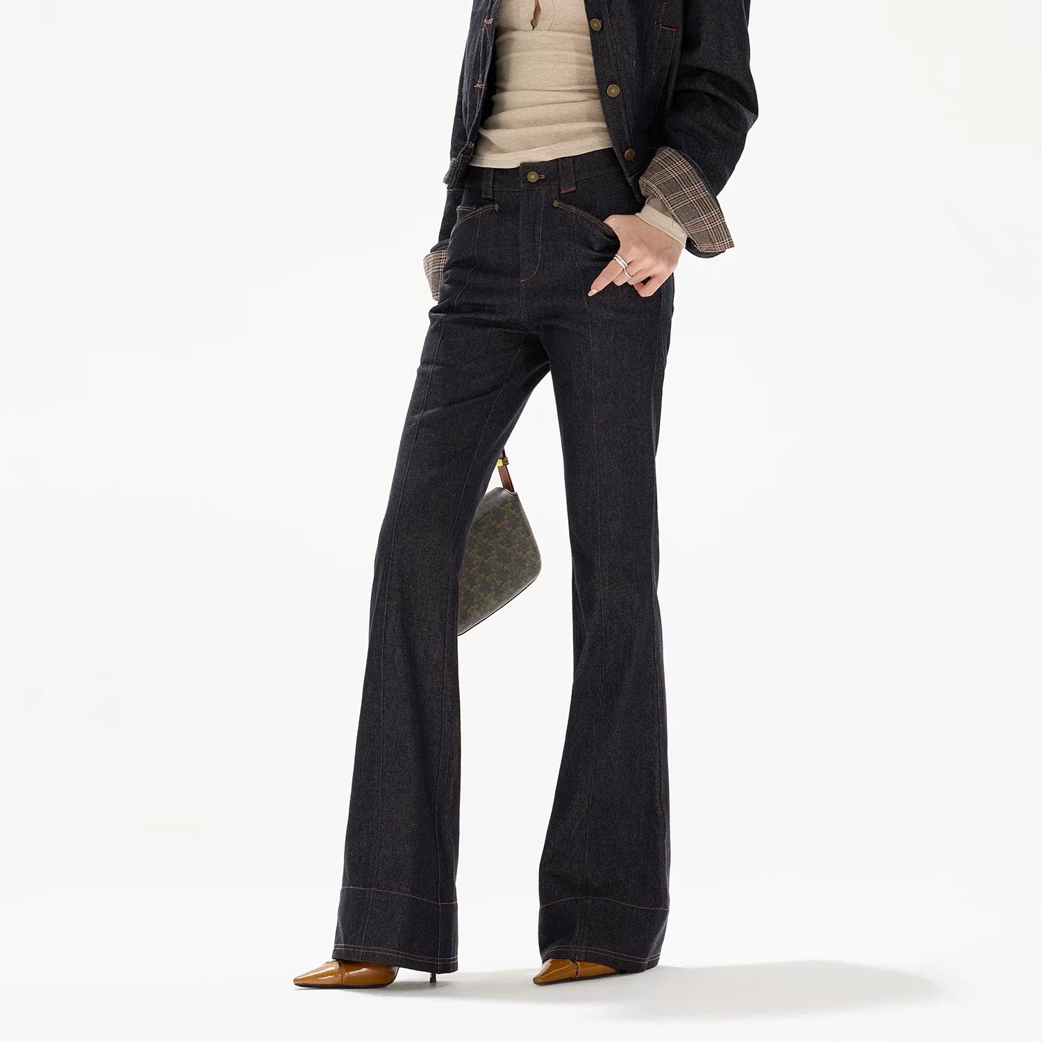 Plaid Mid-Rise Flared Wide-Leg Jeans
