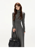 Pleated Waist-Defining A-Line Maxi Dress