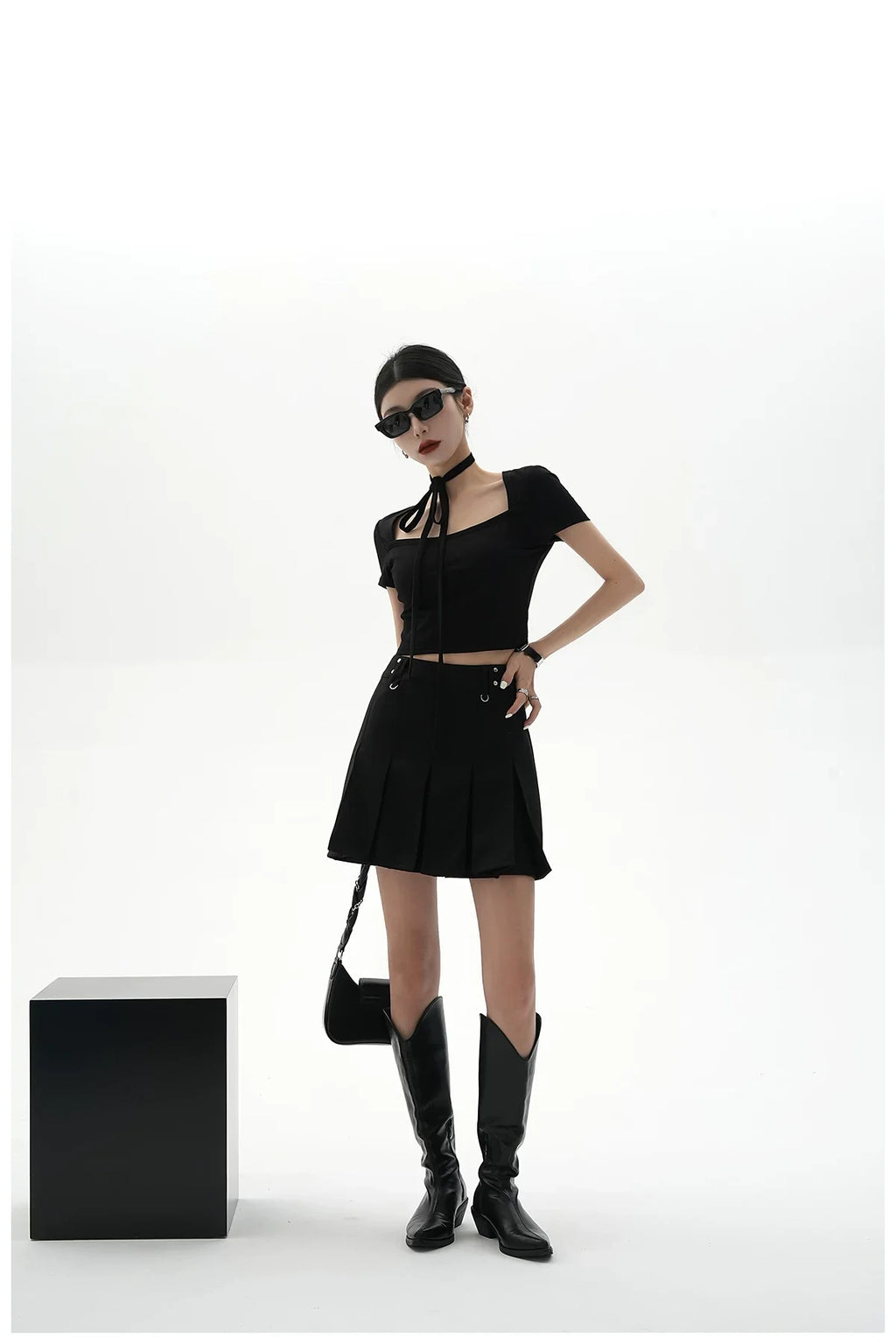 Tie-Detail Square-Neck Cropped T-Shirt