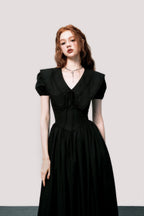 Puff-Sleeve Waist-Defined Maxi Dress