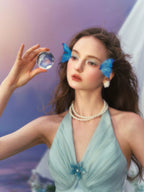 French Resort Halter Blue Floral Satin Dress