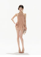 Vintage Heiress Halterneck Mesh Chiffon Ruched Bodycon Mini Dress