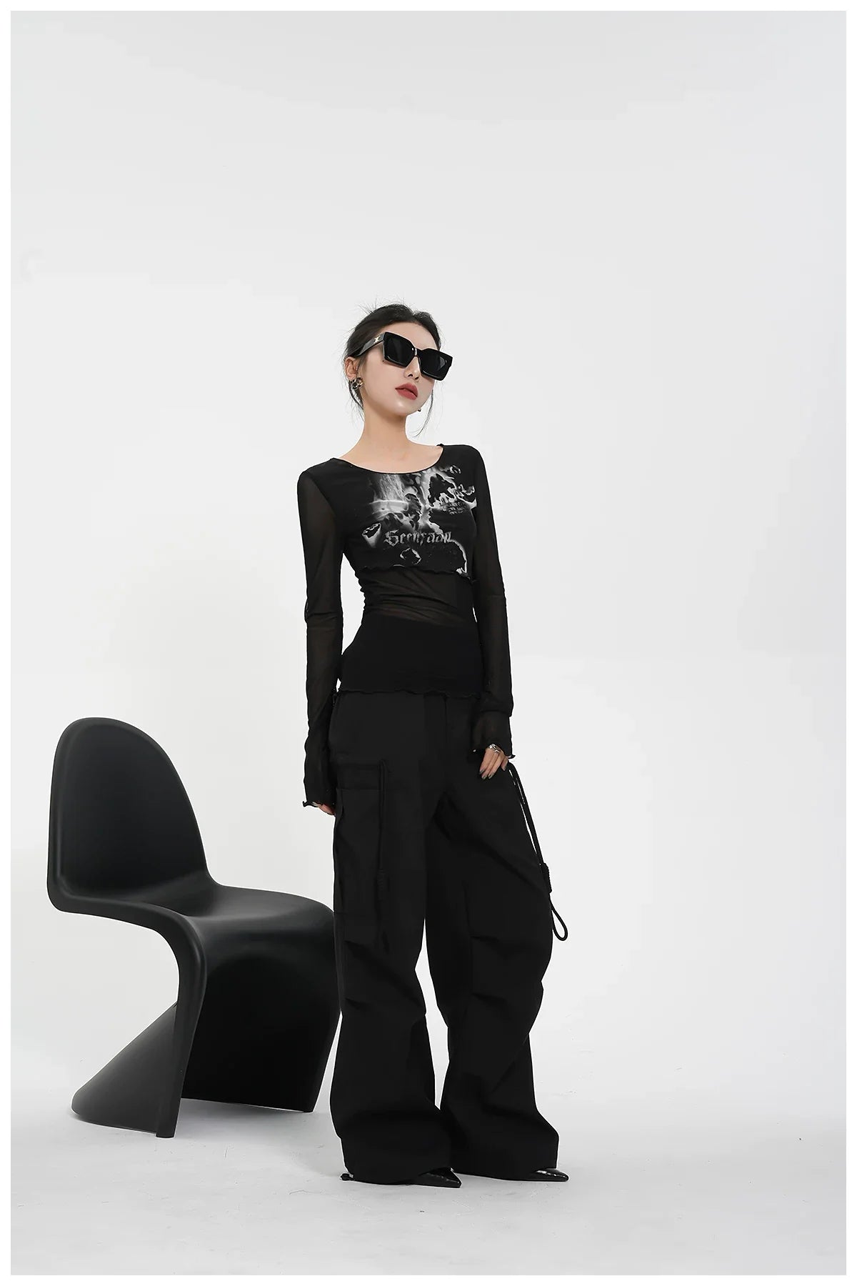 Street-Style Printed Mesh Long-Sleeve T-Shirt