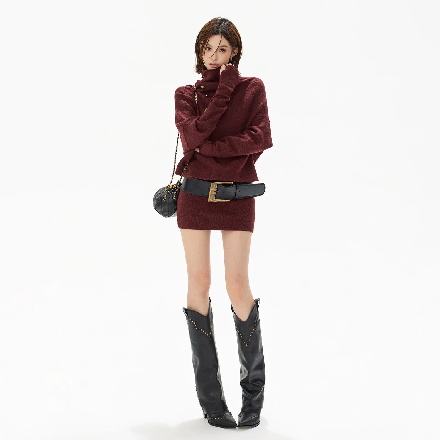 Cowl-Neck Batwing Sleeve Knit Mini Dress