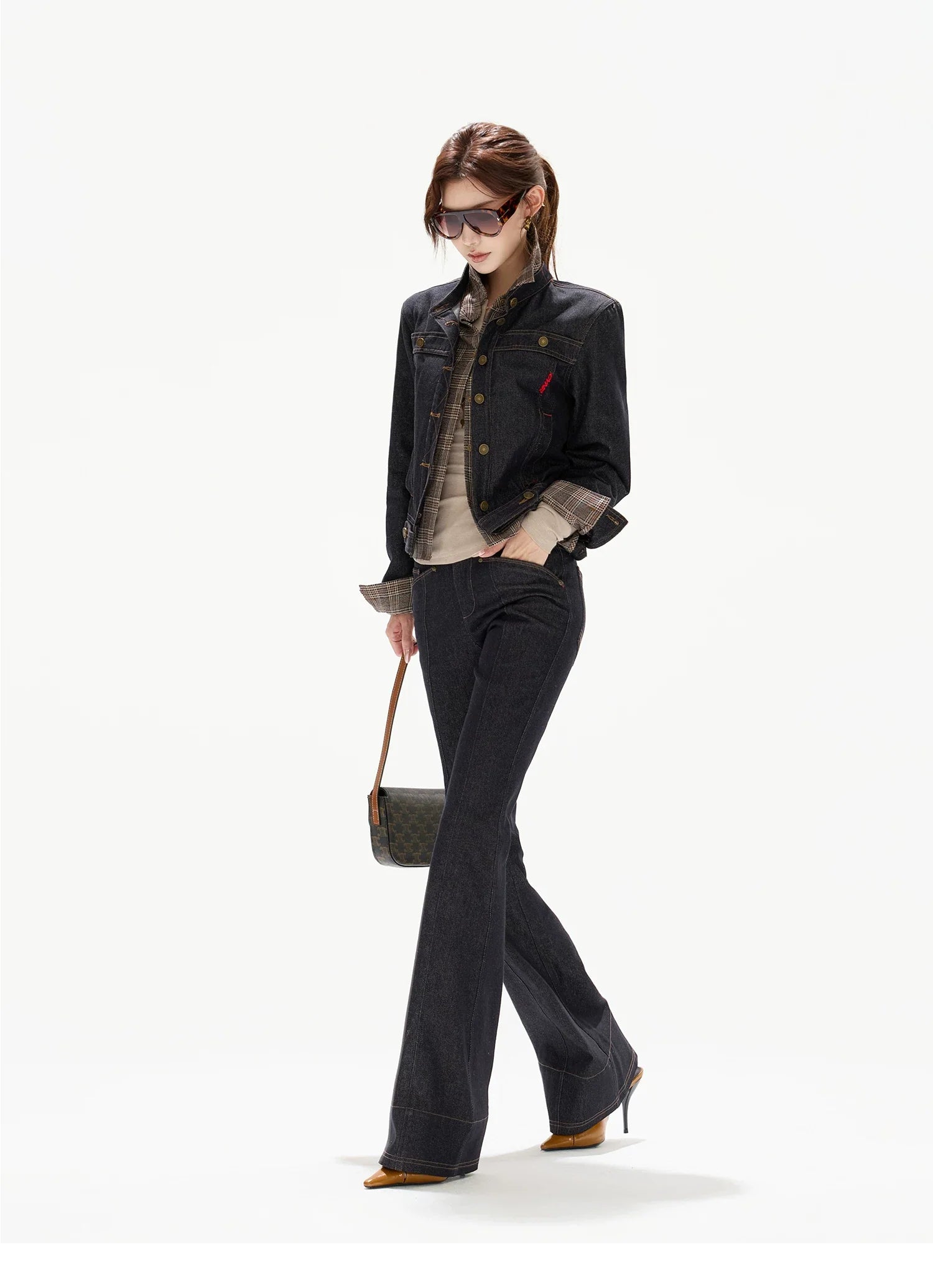 Plaid Mid-Rise Flared Wide-Leg Jeans