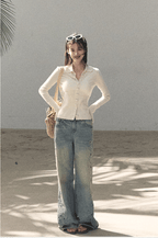 Washed Straight-Leg Wide Denim Pants