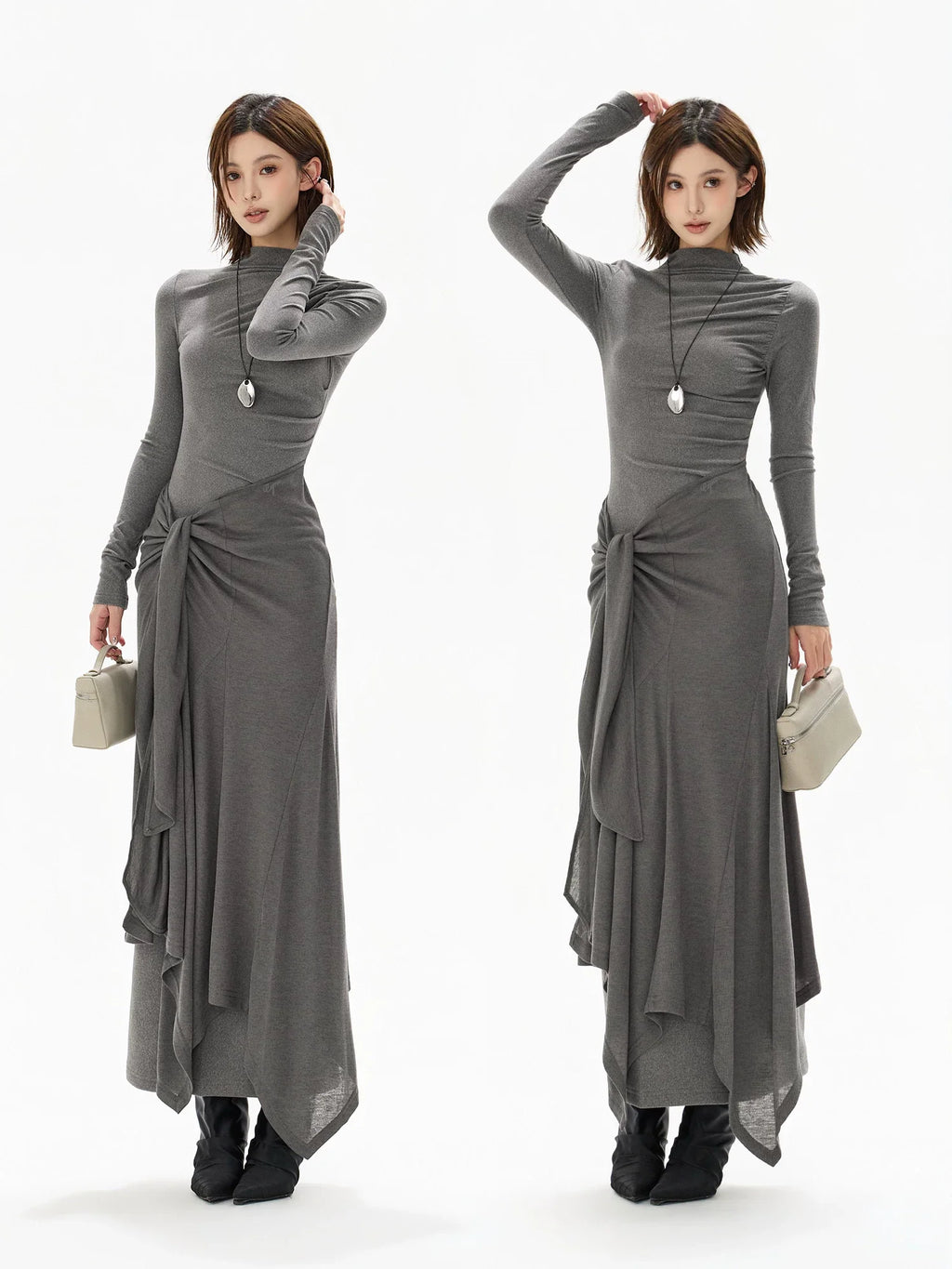 Half-High Neck Tie-Detail Knit Maxi Dress