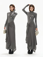 Half-High Neck Tie-Detail Knit Maxi Dress