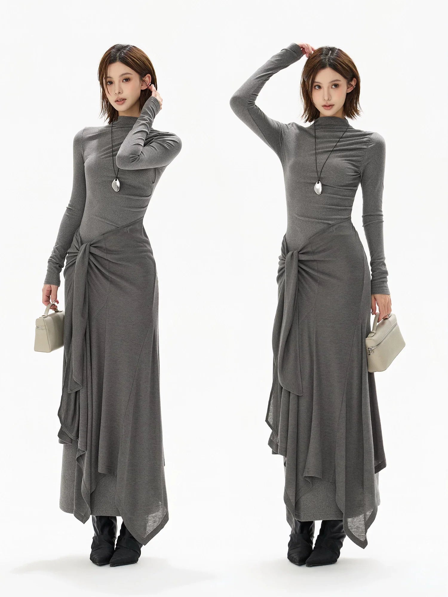 Half-High Neck Tie-Detail Knit Maxi Dress