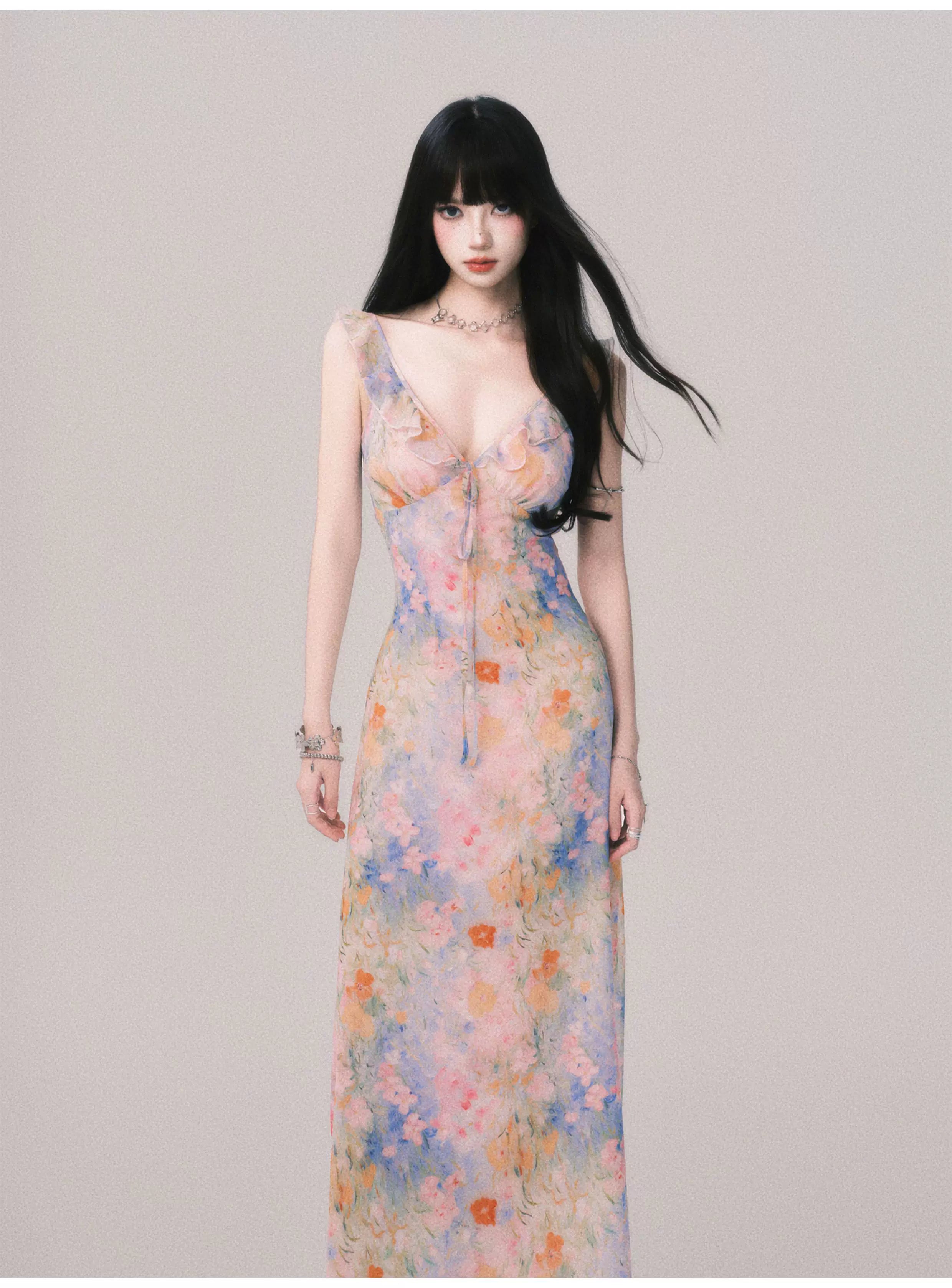 Floral V-Neck French Slip Maxi Dress