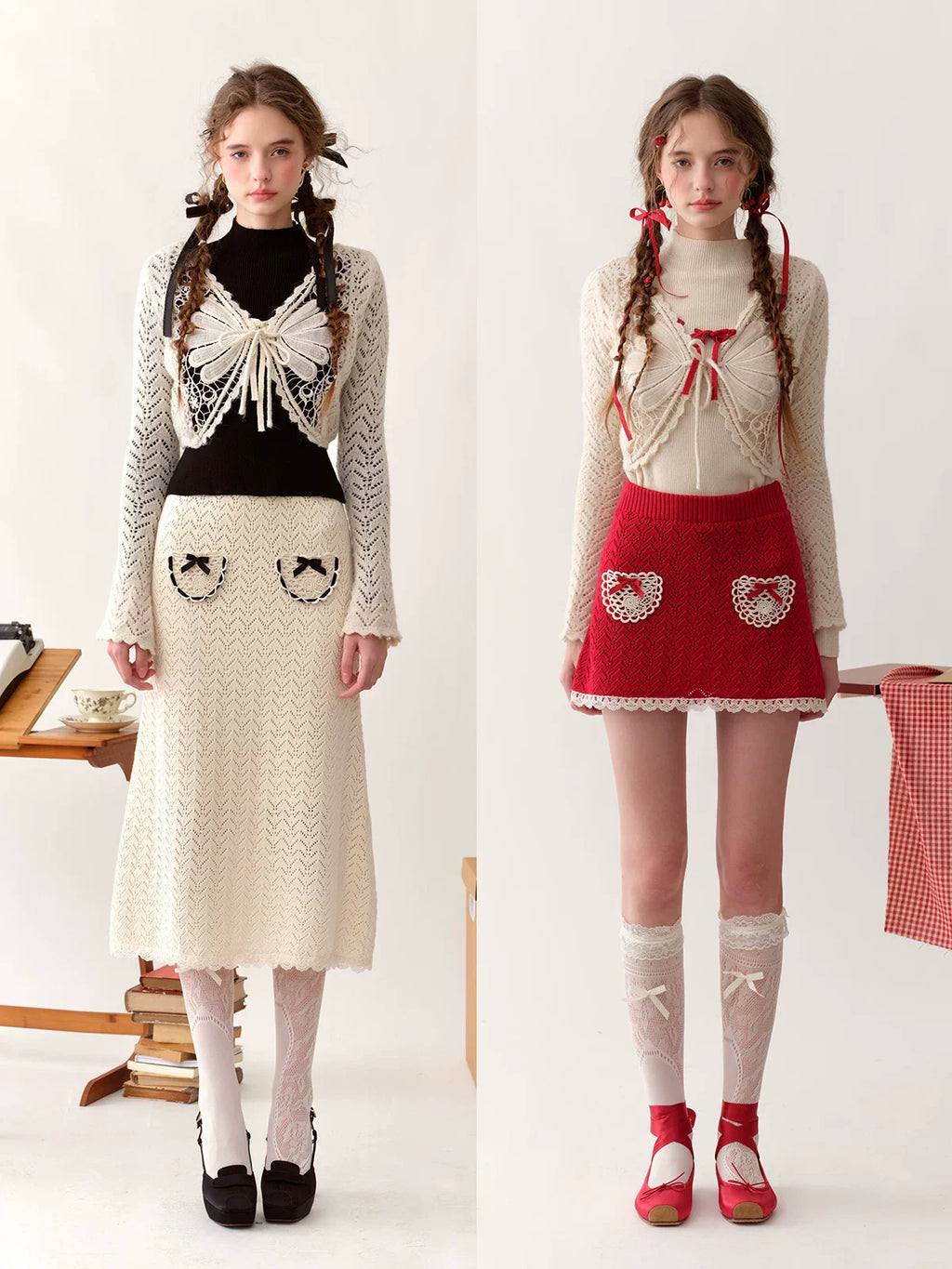 Collegiate White Mock-Neck Knit Top & Skirt Set