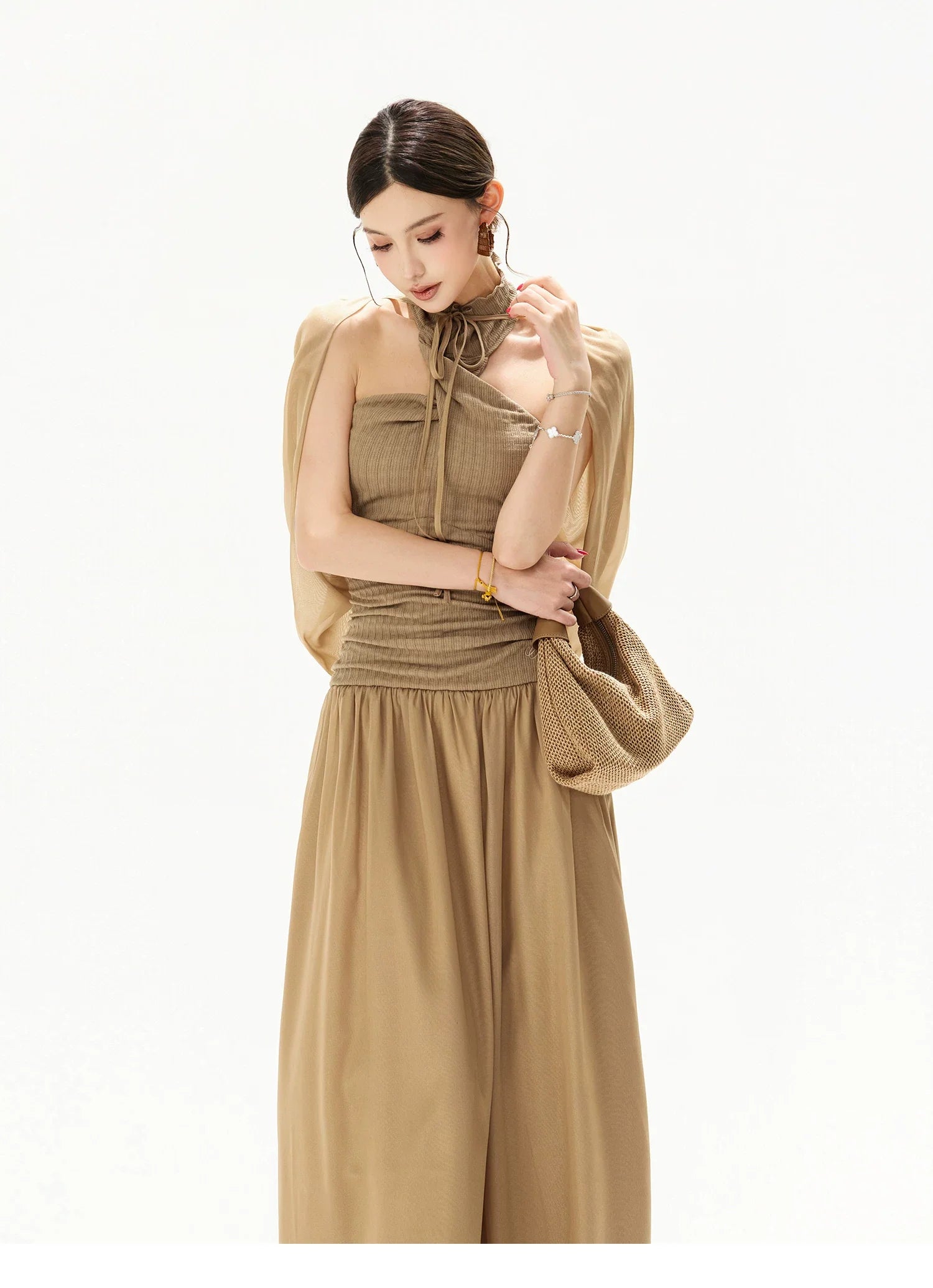 French Court Halter Draped Knit Maxi Dress
