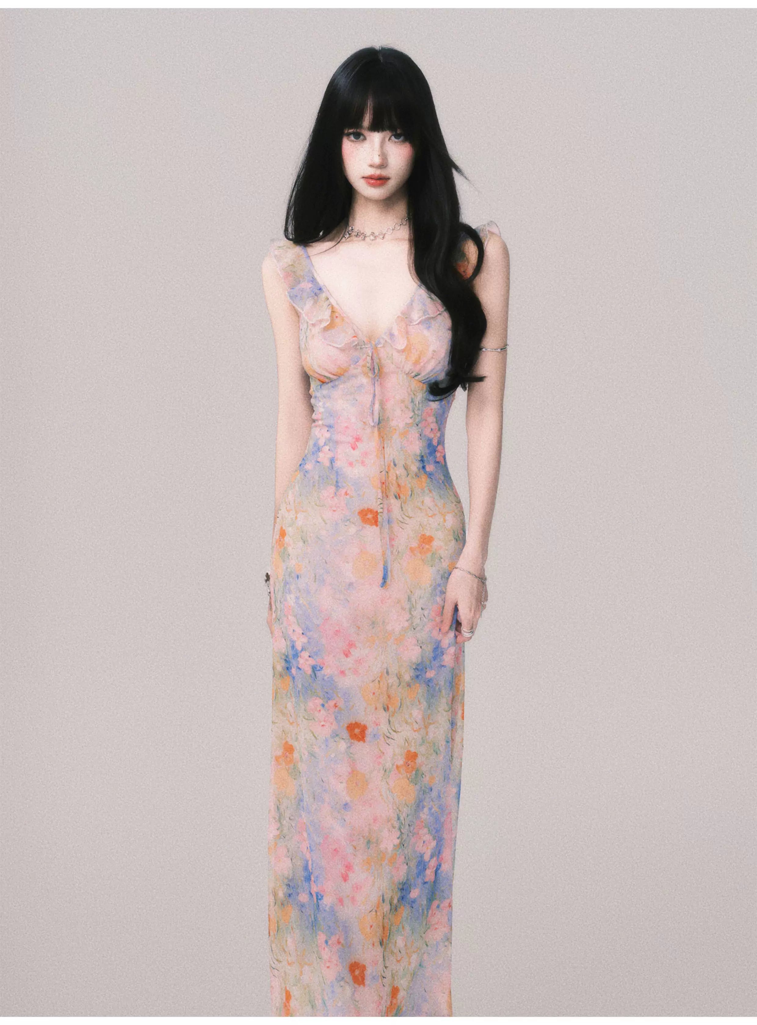 Floral V-Neck French Slip Maxi Dress